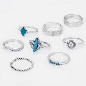 Stackable 8 Ring Set silver and turquoise tones sizes 6-7